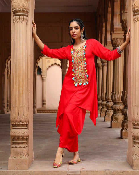 Scarlet Red Asymmetrical Set with Cowl Pants